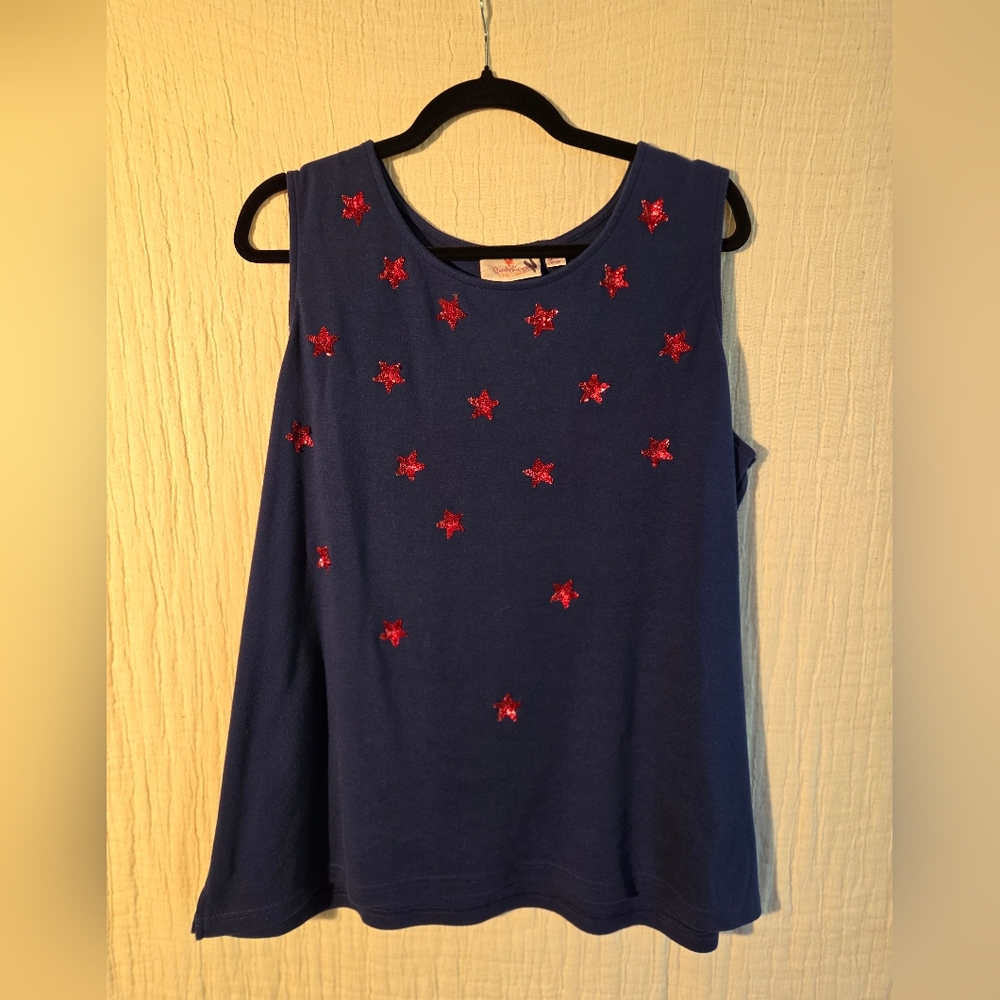Quacker Factory Navy Top with Red Sequin Star Embellishments